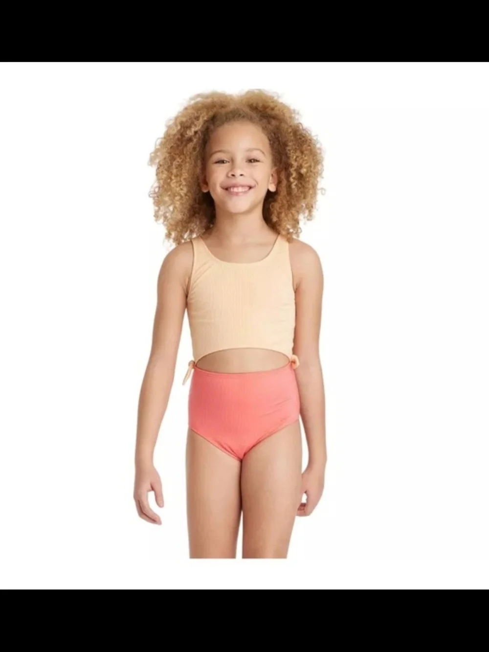 Girl's Art Class Peach & Coral Two-Tone Ribbed Swimsuit